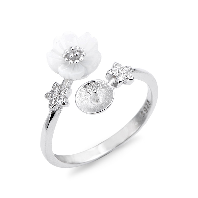 Flower Ring Settings Branco Shell 925 Esterlina Silver Star Zircon DIY Pearl Anel Mount 5 Peças