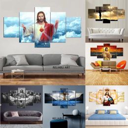 5 piezas de decoración del hogar, lienzo, póster religioso de Jesús, pinturas impresas modernas, obra de arte de pared de edificio, imagen Modular para sala de estar