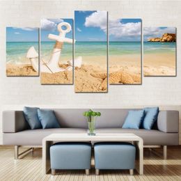 5 pièces peinture sur toile moderne art mural pour la décoration de la maison ancre avec étoile de mer sur la plage de sable concept de vacances d'été plage Seas274e