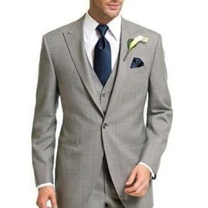 5 pièces Costume Gris Clair Groom Tuxedos Peaked Lapel Side Vent Groomsmen Hommes Costume De Mariage (Veste + Pantalon + Cravate + Gilet + Mouchoir)