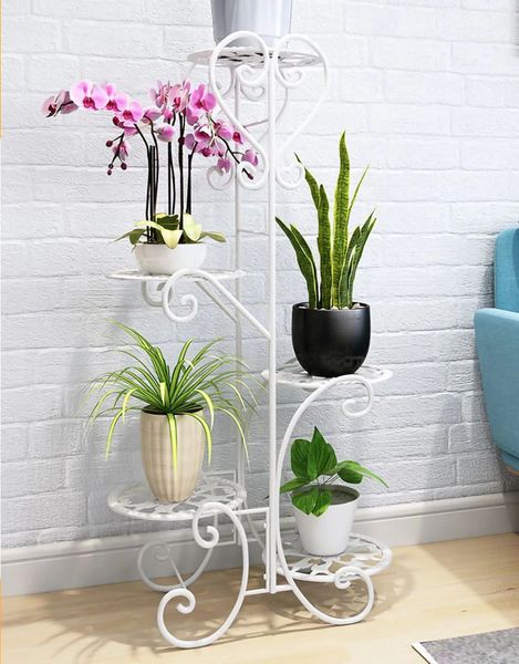 5 étagères en métal à fleurs arrondies en pot Decoration de support de plante pour le jardin extérieur intérieur blanc / noir 240415
