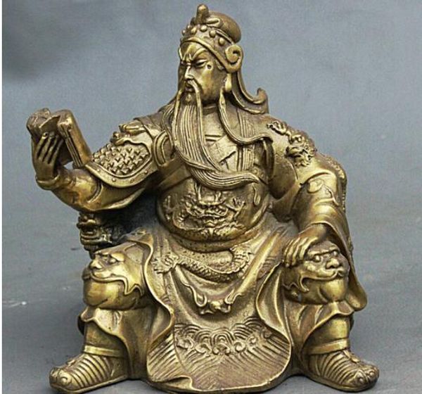 Sculpture chinoise en laiton de 5 pouces, Guan Gong Dragon Lion Guan Yu, livre de bouddha