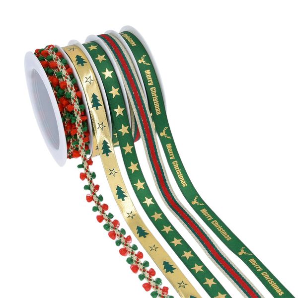 Juego de 5 rollos de cinta navideña dorada, juego verde, cinta estampada para regalo de Navidad, cinta para envolver 1221219