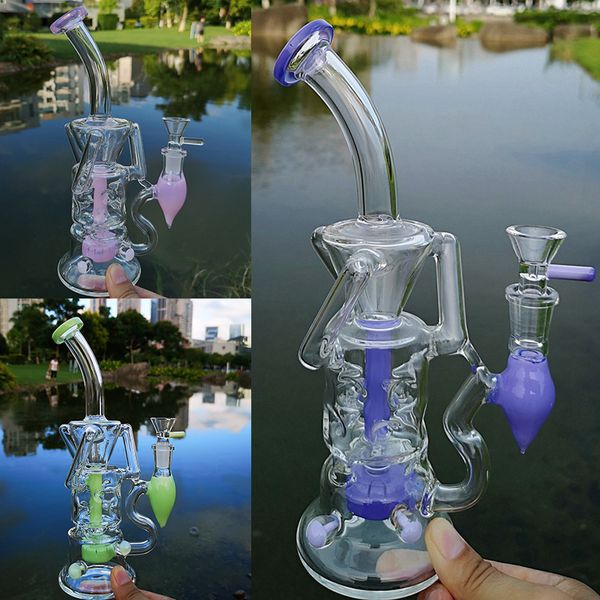 DHL gratuit vert violet rose narguilés verre Bongs double recycleur plates-formes pétrolières Turbine Perc conduites d'eau en verre unique Bong Dab Rig avec bol de 14mm HR319