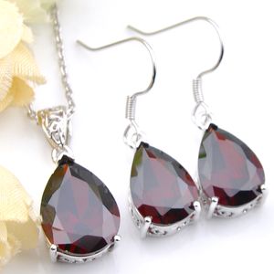 Luckyshine anniversaire cadeau boucles d'oreilles pendentifs ensembles goutte d'eau rouge grenat 925 colliers en argent Sterling femmes pendentif boucles d'oreilles ensembles de bijoux