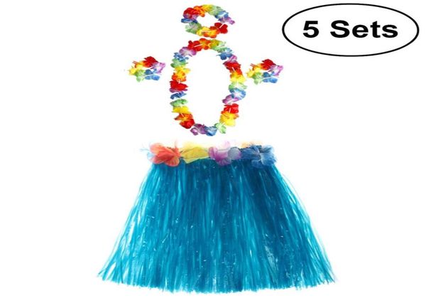 5 juegos Hawaii Tropical Hula hierba falda de baile pulseras de flores diadema collar conjunto 40cm64515233165315