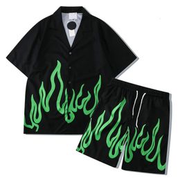 5 sets para hombres pantanos cortos playa hojas de llamas verdes holgadas de camisas hawaianas puestas de 2 piezas de verano de verano