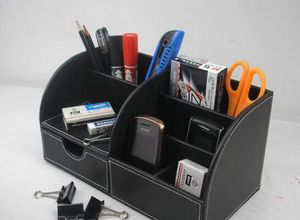 Organizador de escritorio multifunción de cuero y madera con 5 ranuras, portalápices, caja de almacenamiento, contenedor negro, entrega gratuita A259