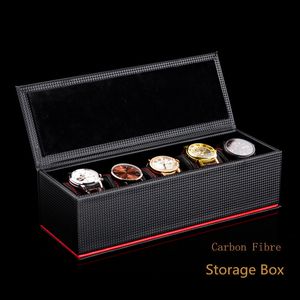 5 Slots Carbon Fiber Watch Box Organizer Black Case Storage Heren Display Gift 220428