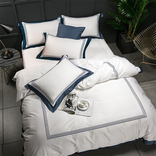 Hôtel 5 étoiles Blanc Luxe 100% coton égyptien Ensembles de literie Full Queen King Size Housse de couette Lit / Drap plat Drap-housse ensemble Pil T200706