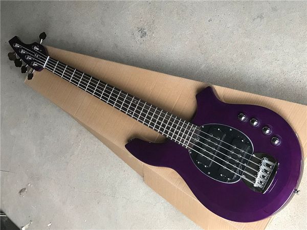 Guitare basse électrique à corps violet brillant à 5 cordes avec matériel chromé, circuit actif, micros HH, peut être personnalisé