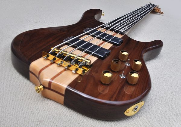 Guitare basse électrique en bois de noyer brillant à 5 cordes avec matériel doré/noir, peut être personnalisée