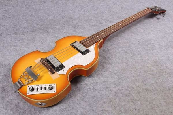 5 cordes Hofner H500 / 1-CT Violon Basse Vintage Sunburst Archtop Semi Hollow Body Spurce Top Guitare basse électrique Flame Maple Side Retour