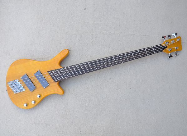 Guitare basse électrique jaune clair à 5 cordes avec frettes inclinées en palissandre