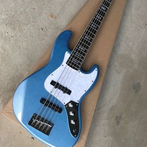 Guitare basse électrique bleue en métal à 5 cordes, avec Pickguard en perles blanches, manche en palissandre personnalisable