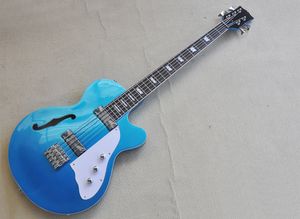 Guitare basse électrique semi-creuse bleu métal 5 cordes avec touche palissandre 22 frettes personnalisable