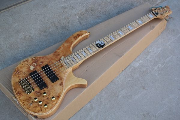 Guitare basse électrique de couleur bois naturel à 5 cordes avec placage à motif d'arbre, incrustation Yin Yang, matériel doré, fournir des services personnalisés