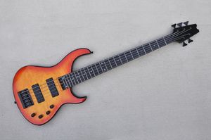 Guitare basse électrique 5 cordes à corps orange avec quincaillerie noire, placage d'érable matelassé, offre un service personnalisé