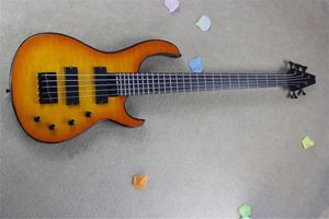 Guitare basse électrique 5 cordes à corps orange avec placage d'érable, matériel noir, 2 micros, peut être personnalisée