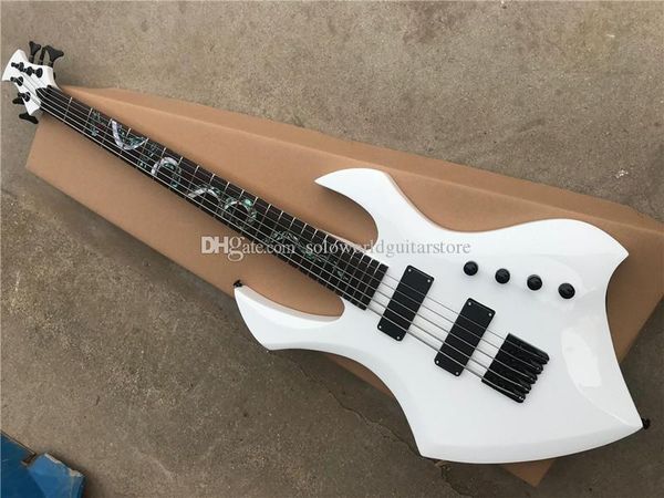 Guitare basse électrique 5 cordes à corps blanc avec motif serpent, 2 micros, matériel noir, peut être personnalisé