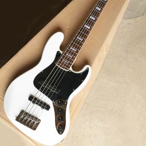 Guitare basse électrique blanche à 5 cordes avec plaque de protection en palissandre noire à circuit actif personnalisable