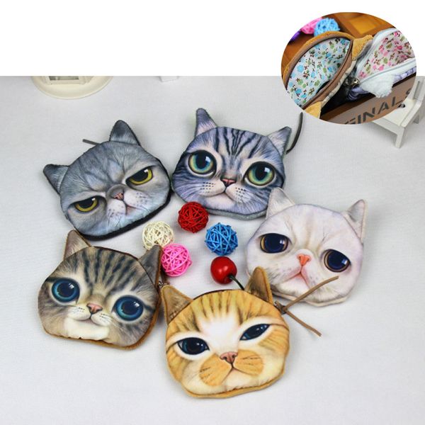 5 Style 3D Impression Numérique Chat Visage Porte-Monnaie Animal Embrayage Bourse Femmes Main Wag Porte-Monnaie Pochette Cosmétique Maquillage Sacs À Main Portefeuilles