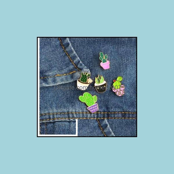 5 Style de bande dessinée de mode émail broche en métal Mini plante verte en pot Cactus bouton broches Denim vestes col Badge broches livraison directe