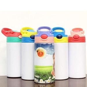 5 Colores Botella 12 oz Sublimación Niños Straight Sippy Cup Tazas Acero inoxidable con aislamiento Niños Botella de agua Viaje en casa Taza portátil Botellas con tapa abatible