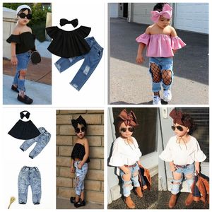 Baby Meisjes Mode Uittijden Kinderkleding Geplaatst Schouder Crop Tops Wit + Gat Denim Pant Jean + Hoofdband 3pcs / Set Kids Boutiques Pak