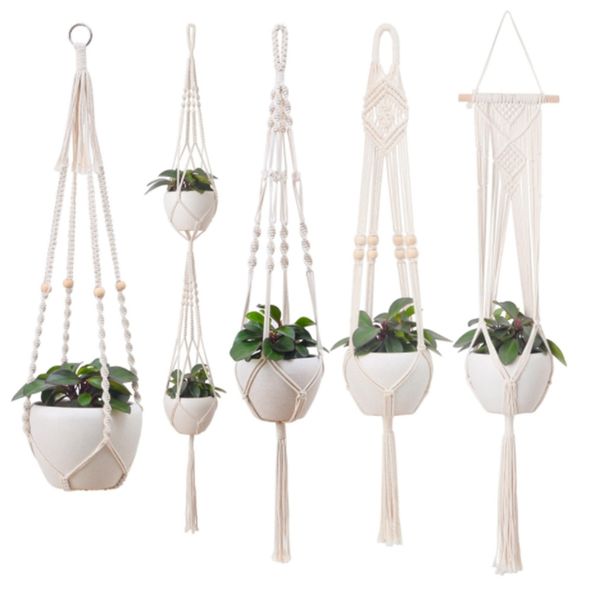 5 estilos Decoraciones de jardín Cestas colgantes Macramé Cuerda hecha a mano Titular de maceta Flor Colgador de plantas Cuerdas Cesta Bolsa de red Flor para interior Decoración del hogar al aire libre