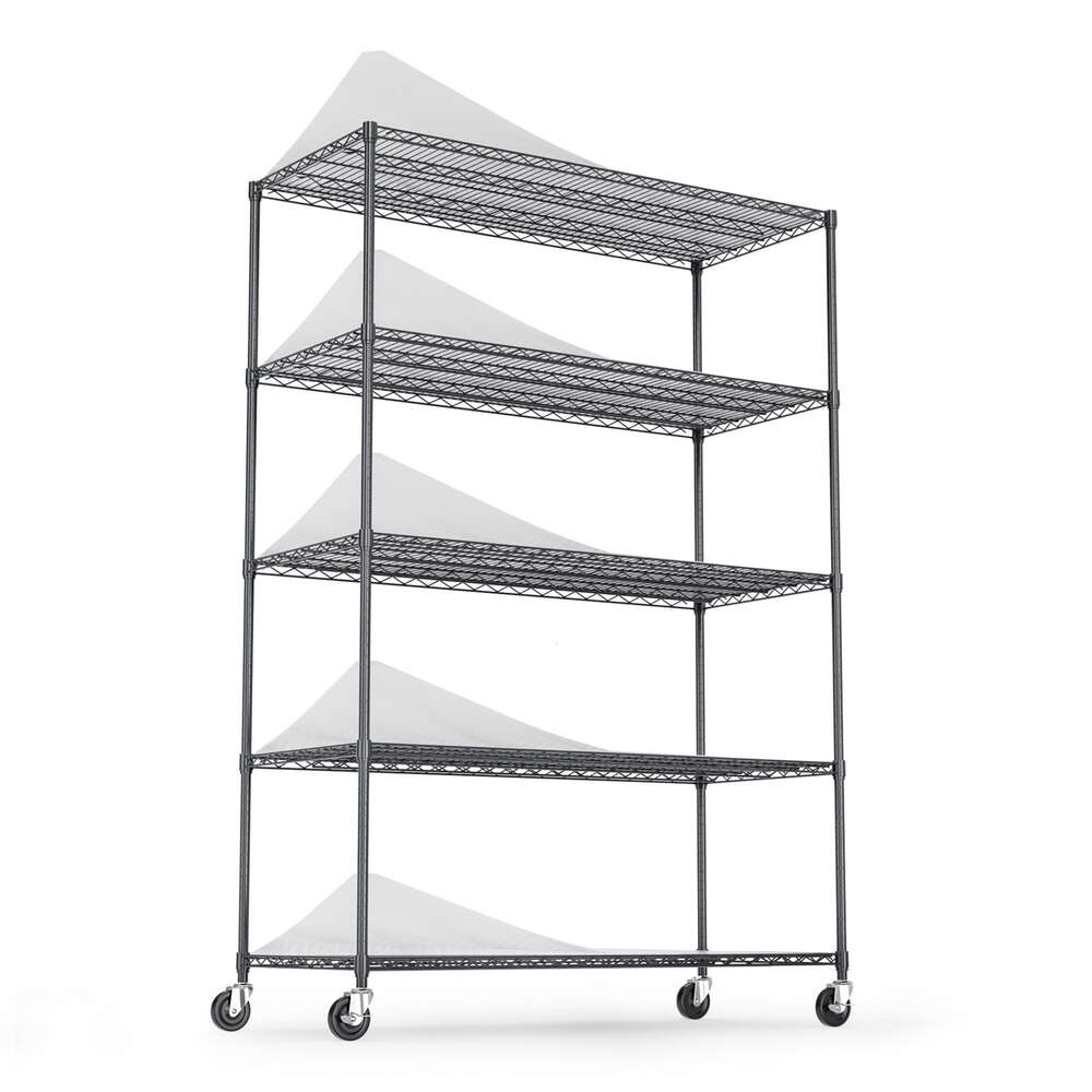 5 Tier 6000lbs Heavy Duty Adjustable Storage Rack Metal Wire Sheing Unit with Wheels & Shelf Liners 82" H 48" L X 24" D - Black
