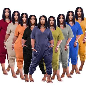 5 XL Plus Size Jumpsuit Mode Pocket Sexy V-hals Casual High Street Effen Kleur Broek Dameskleding Groothandel 211022