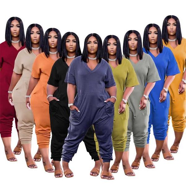 5 XL Plus Taille Combinaison Mode Poche Sexy Col V Casual High Street Pantalon de couleur unie Vêtements pour femmes en gros 211022