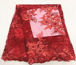 5 Y/pc gran oferta tela con encaje de red francés bordado rojo con Rin Y cuentas flor encaje de malla africana para vestido LJ28-79551200