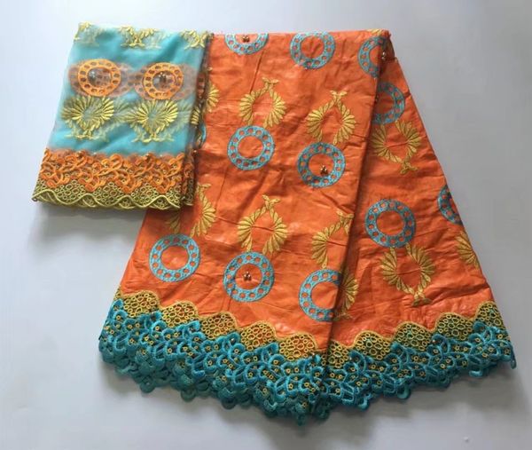 Merveilleux tissu Bazin orange et bleu africain, matériau soluble dans l'eau, assorti à 2 ans de dentelle française pour robe, 5 ans/pièce, GX5-2