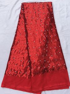 5 yards / pc prachtige rode Franse net kant stof met pailletten en kralen decoratie Afrikaanse mesh kant voor jurk qn59-9