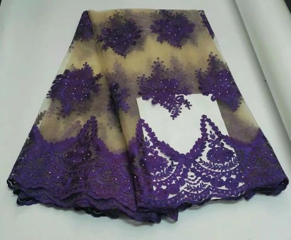 5 yardas / pc Venta caliente de leche amarillo tela de encaje neto francés con pedrería bordado púrpura encaje de malla africana para el vestido CF1-1