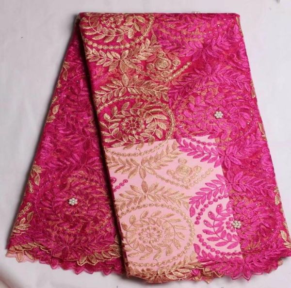 5 Yardspc más popular fucsia y bordado dorado encaje de red francés con cuentas tela de encaje de malla africana para vestido HN632333175