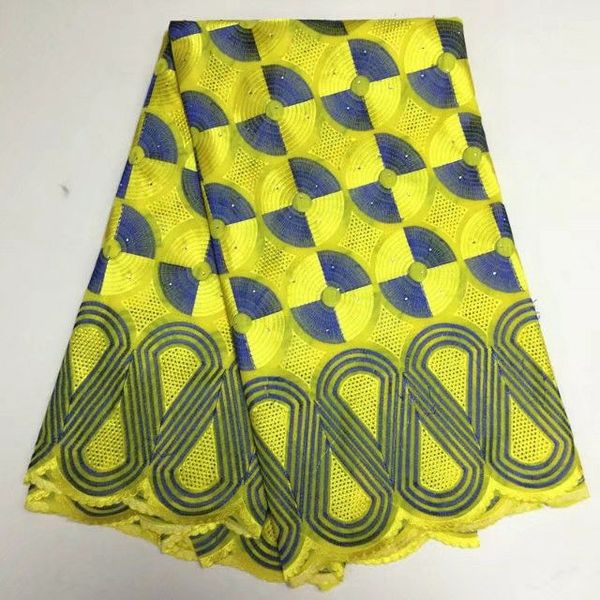 5 Yds/pc gran oferta tela de algodón africano bordado amarillo y azul con encaje de gasa suizo de diamantes de imitación para ropa BC145-2