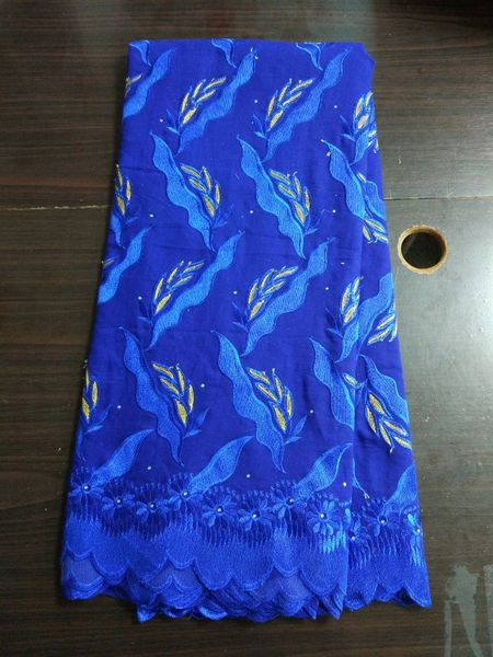 5 yardas/pc, superventas, tela de algodón africano con bordado azul y bonito encaje de gasa suizo con flores para ropa BC147-7