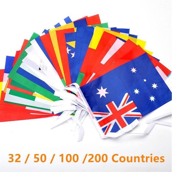 Drapeau de 50 100 200 pays, 1 chaîne suspendue, bannière, drapeaux du monde internationaux, banderole arc-en-ciel pour décoration de fête, 2584