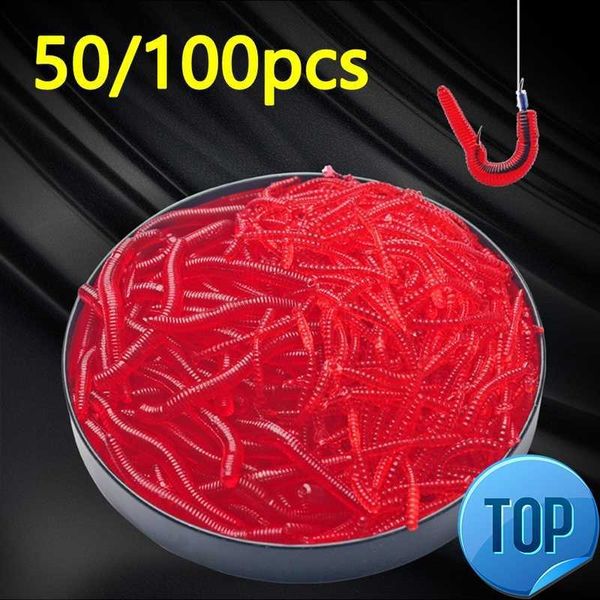 Señuelo suave de gusano rojo realista, 50/100 Uds., 35mm, pesca de lombriz, cebo Artificial de silicona, olor a pescado, aditivo de camarón, carpa lubina