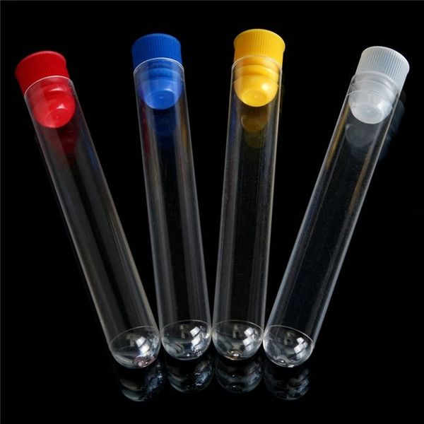 50 / 100pcs / lot Longueur de 60 mm à 150 mm tubes à essai en plastique transparent avec capuchons colorés pour la chimie de l'école de laboratoire