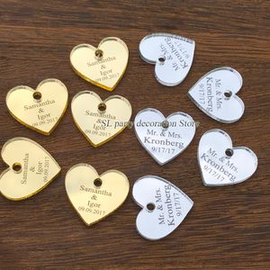 50/100 Uds., espejo personalizado Mr Mrs, corazón de amor, recuerdos de boda, decoraciones de mesa de 25mm con agujero en el centro