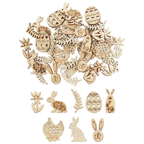 50 / 100pcs Rabbit Egg poulet Forme en bois Chips en bois Diy Bunny Ornement Happy Easter Party Decorations Kids Gift Toy