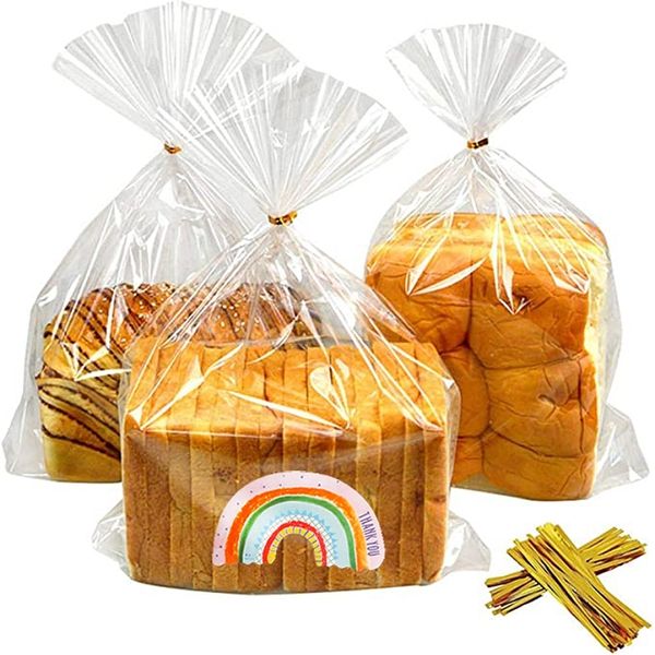 50/100sets sac en plastique transparent pain bonbons sucettes sacs d'emballage cellophane traite sacs avec torsion cravate arc-en-autocollants 220420