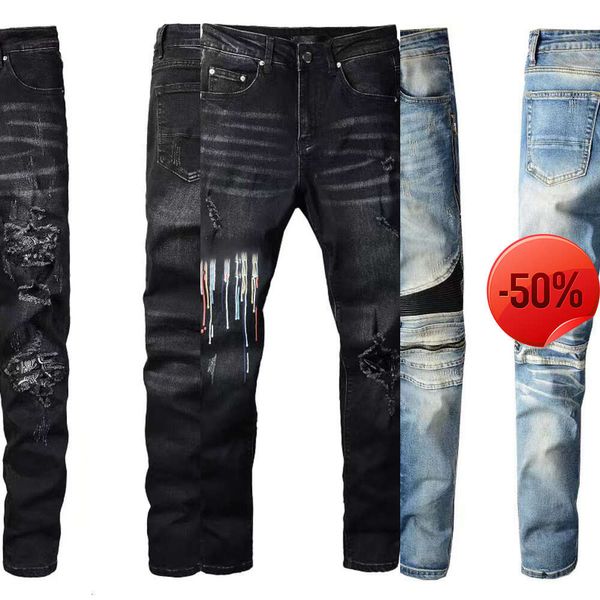 jeans de marque violet 50 de réduction ~ Jeans pour hommes Classique imprimé broderie designer jeans pour hommes trou de moto denim de luxe mode pour hommes street wear pantalons pour hommes