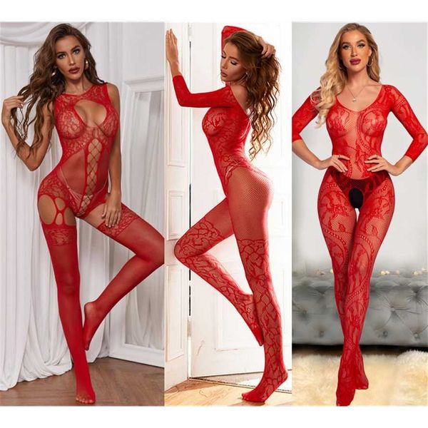 50% OFF Ribbon Factory Store Sexy lingerie pour femmes Teddy figure filet rouge ouvert sexe pornographique bas pyjamas