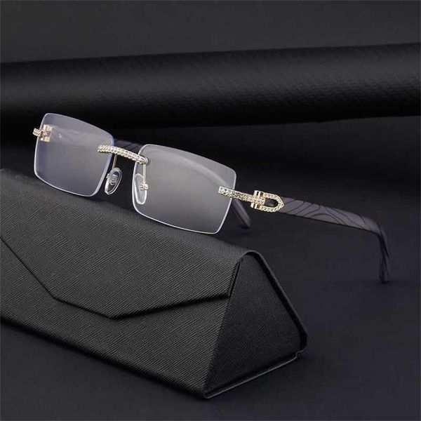 50% de réduction sur la vente en gros de lunettes de soleil pour hommes sans cadre avec des jambes de grain de bois incrustées de diamants, de nouvelles nuances de lunettes