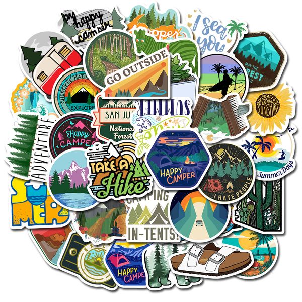 50 PAQUETES NO REPETRAS Senderismo Camping Theme Stickers Boys Give Outse Forest Forest Plants The Beach Surfing Pegatina Natural Para Skateboard Bike Blikt Bottle Laptop Cup Historieta